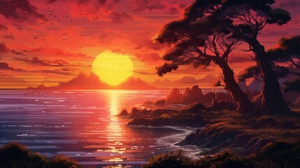 Marvelous sunset over the stream. Illustration, AI Generated