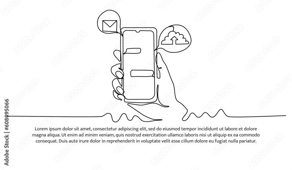 Poster continuous line design of a hand holding a cell phone to send information to each other. decorative 