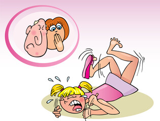 Cartoon illustration of naughty girl and her parrents