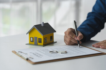 Businessmen, accountants, lawyers work in office investments, insurance, financial contracts, leasing, home deliveries for protection and custody. real estate concept property insurance.