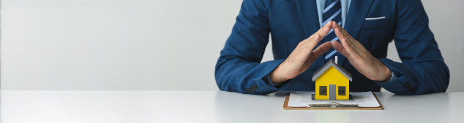 Fototapeta premium copy space, banner, panorama Businessmen, accountants, lawyers work in the office investment, insurance, detailed information record. Financial contract documents, hire-purchase, protection, care.