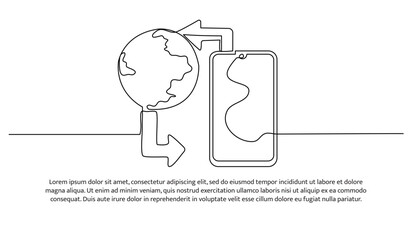Continuous line design of cell phone, arrows and globe. Technology international network design concept. Decorative elements drawn on a white background.