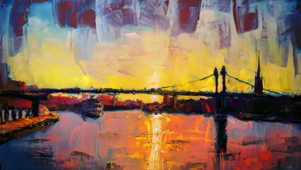 colorful vivid expressive bold and loose brushstrokes painting of cityscape urban city skyline
