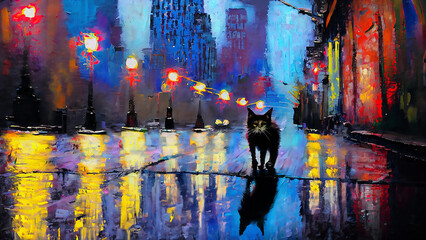colorful vivid expressive bold and loose brushstrokes painting of nostalgic city street scene with sad lost kitten