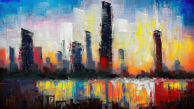 colorful vivid expressive bold and loose brushstrokes painting of cityscape urban city skyline © OneLineStock