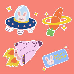 Outer space kawaii sticker set. Hand drawn cosmic cartoon collection of ship, ufo alien, planet, moon, rocket. Bundle of cute kid graphic for nursery print in galaxy exploration universe vector