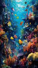  the splendor of an underwater coral reef teeming with colorful marine life, during bright daylight, a mesmerizing and lively underwater scene, generative AI