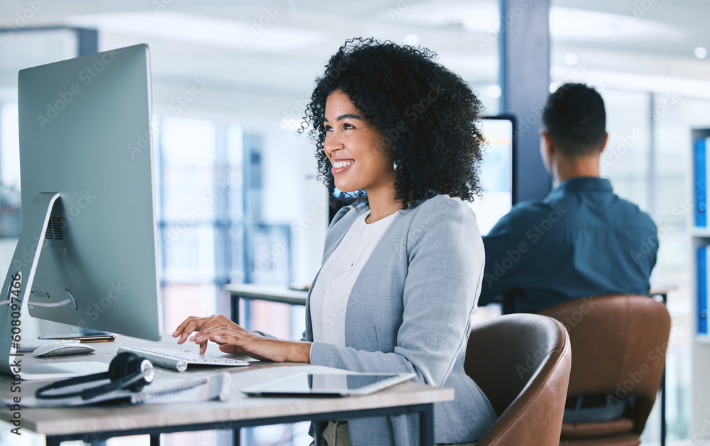 Poster Woman, typing at computer with online tech support and email, consultant at desk with smile at customer service agency. Contact center, communication and happy female agent with feedback and help