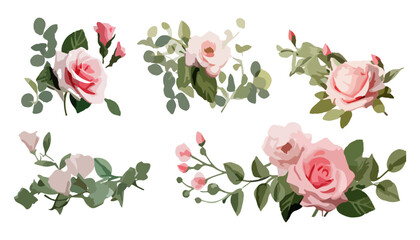 Set watercolor elements of pink roses; collection garden flowers; leaves; Branches, Watercolor floral seamless pattern with colorful wildflowers, leaves, plants, Wedding background.