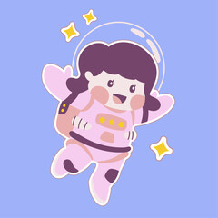 Cute astronaut girl sticker vector illustration with star, cosmonaut woman waving hand, universe explorer mascot, exploring journey, floating in spacesuit spaceman costume, funny sticker
