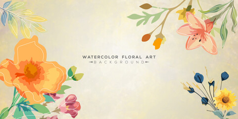 Watercolor floral wallpaper design with colorful flowers. Abstract background watercolor green botanical and gold glitter design for cover, banner, greeting card, decoration.