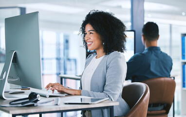 Woman, typing at computer with online tech support and email, consultant at desk with smile at customer service agency. Contact center, communication and happy female agent with feedback and help