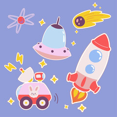 Outer space kawaii sticker set. Hand drawn cosmic cartoon collection of rocket, comet, meteor, orbit, ufo alien. Bundle of cute kid graphic for nursery print in galaxy exploration universe vector