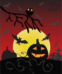 Dark Halloween card with bat and pumpkin