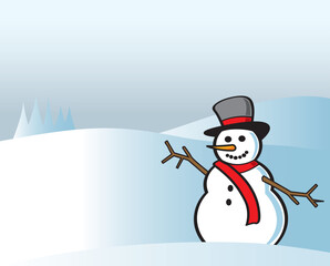 Snowman outside with snowy background.