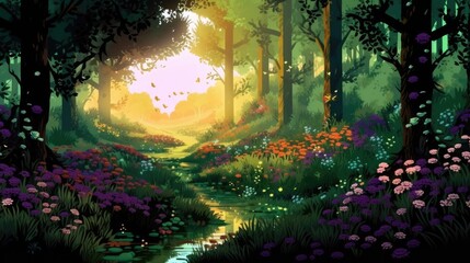Fototapeta premium retro pixelated forest teeming with life, featuring dense foliage, hidden pathways, and pixel art wildlife