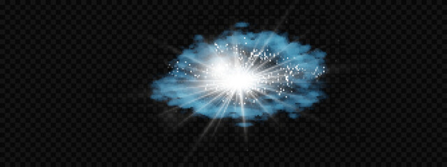 Transparency is created by fog or smoke. Cloud vector, snow storm. Shining stars through the snowy haze. starry sky. cold glow.