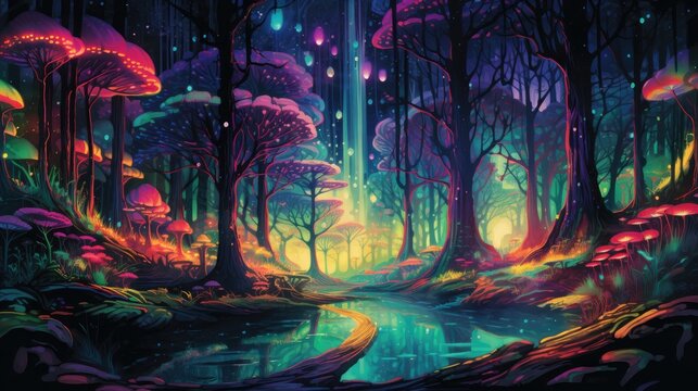 a surreal journey through a psychedelic multicolored  forest 