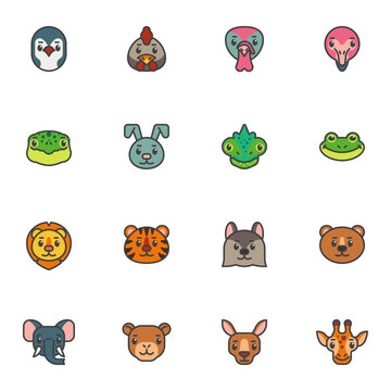 Cartoon animals filled outline icons set