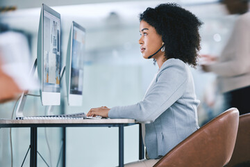 Call center, customer service and woman at computer with a headset on contact us website. African...