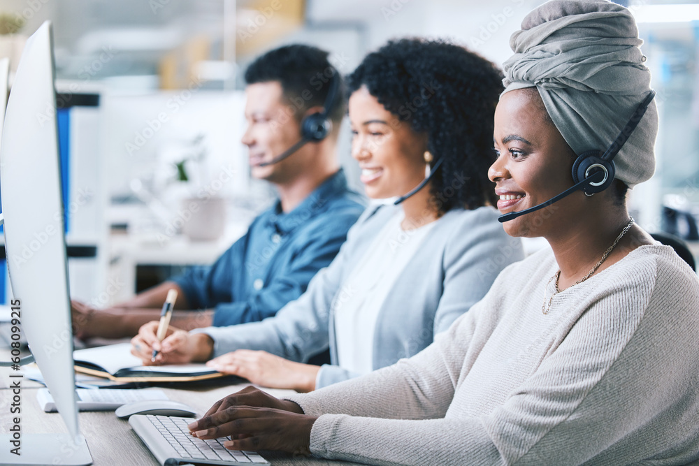 Poster Customer service, call center and a team at computer with a headset for contact us website. Black woman and employees as crm, telemarketing or sales support agent with headphones, smile and desktop
