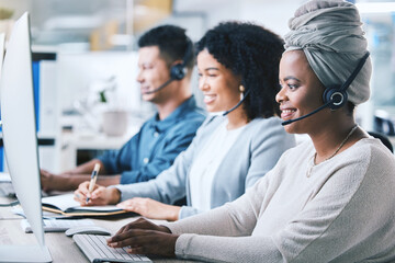 Customer service, call center and a team at computer with a headset for contact us website. Black...