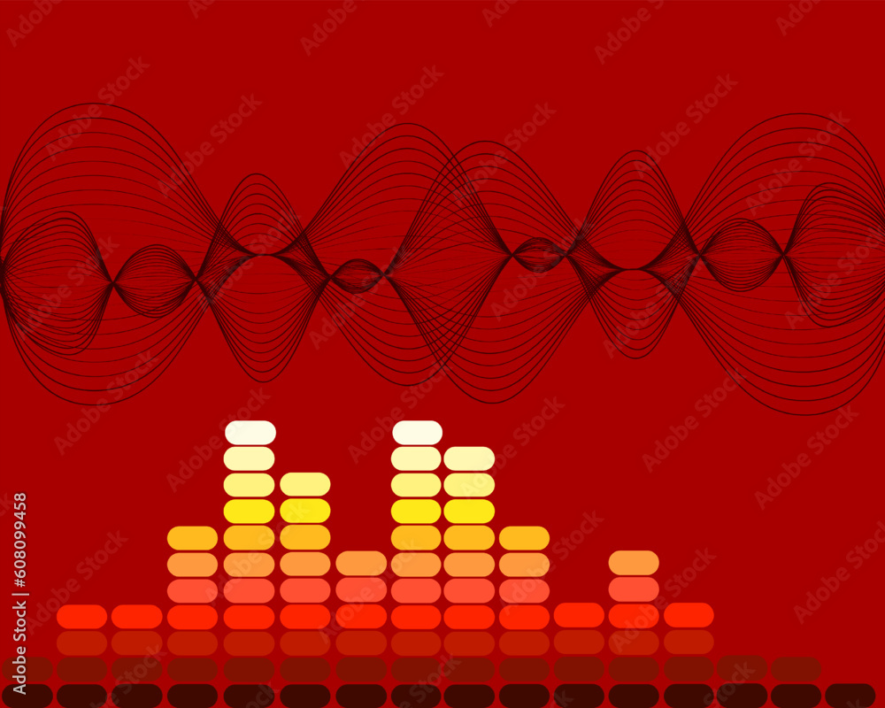 Poster vector eps10 illustration of equalizer and sound waves on red background