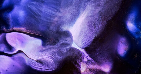 Close-up lilac black white ink splash abstract background. Dark violet blue paint. Dark purple liquid digital flow. Shiny liquid. Blue art flowing. Fluid backdrop. Acrylic pattern texture