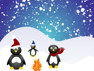 vector eps10illustration of penguins around a fire on ice