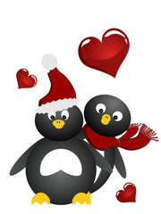 vector eps10 illustration of two penguins with red hearts