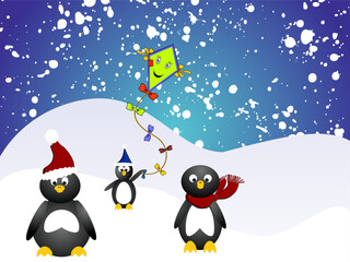 vector eps10 illustration of penguins flying a kite