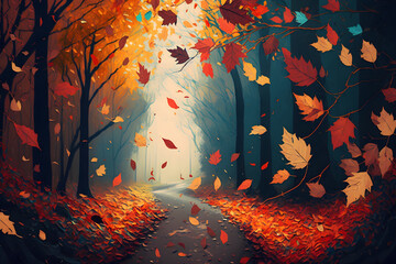 forest path between trees with colorful leaves falling from the trees, Generative AI