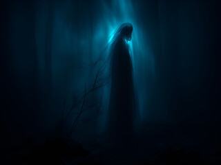 Scary ghost on dark background. Generative ai - obrazy, fototapety, plakaty