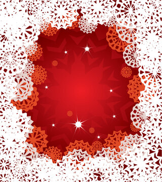 Christmas card with white snowflakes on red background. vector