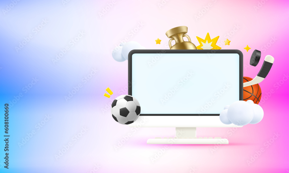 Poster Computer monitor with sports elements and blank screen. 3d vector banner with copy space
