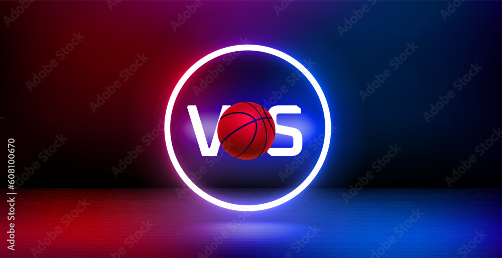 Aufkleber Showcase and shining neon frame and basketball versus concept. 3d vector banner with copy space