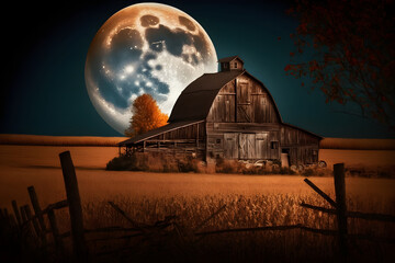 large rustic barn with hay bales and a full moon in the background, Generative AI