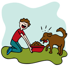 An image of a man feeding his dog some food.