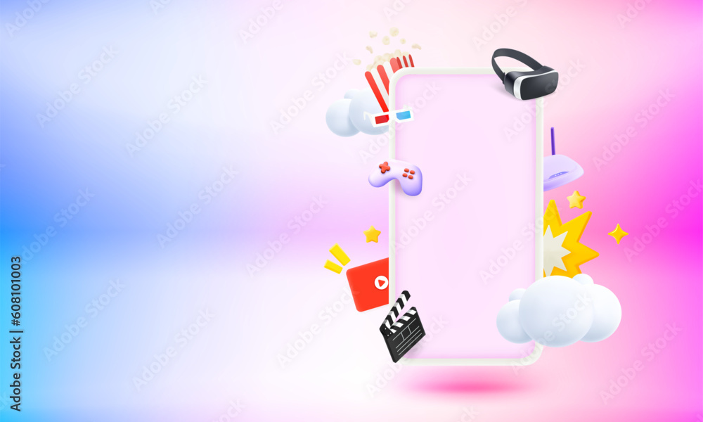 Poster Modern smartphone with video entertainment elements and blank screen. 3d vector banner with copy space
