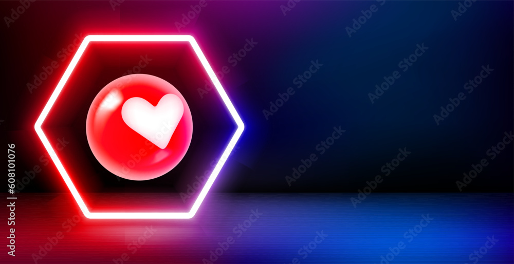 Poster Product showcase and shining neon frame with heart sign. 3d vector banner with copy space
