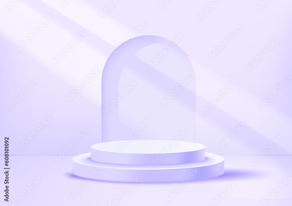 Poster bright illuminated violet interior with portal and podium. showcase template. 3d vector background
