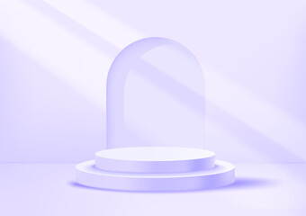 Bright illuminated violet interior with portal and podium. Showcase  template. 3d vector background