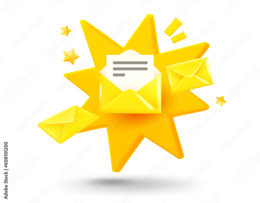 Poster Letters with explosion effect. 3d vector mobile application icon with notification