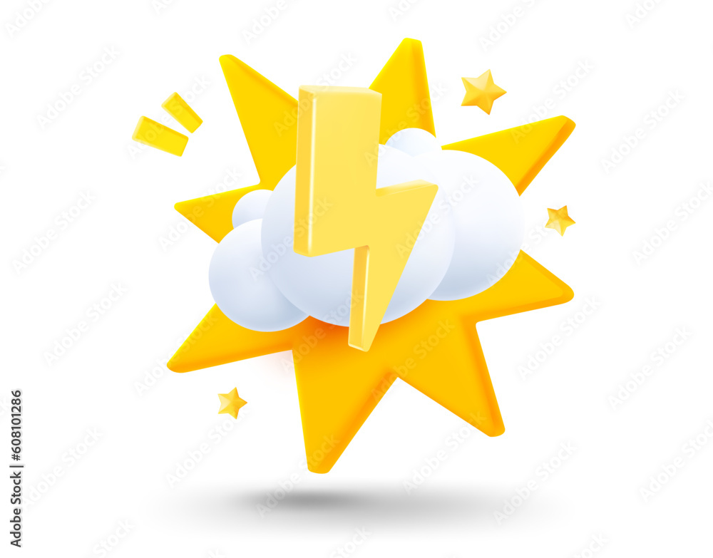 Poster Cloud with bolt with explosion effect. 3d vector mobile application icon with notification