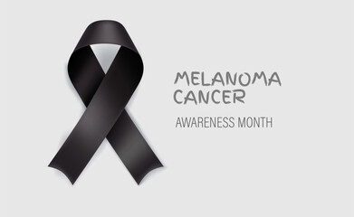 Melanoma awareness month banner. Black ribbon and inscription