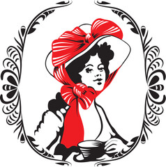 Young cute woman with cup of tea or coffee at left hand. tea-time woman silhouette with ornament. EPS8. Frame and silhouette put on different layer.