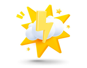 Cloud with bolt with explosion effect. 3d vector mobile application icon with notification