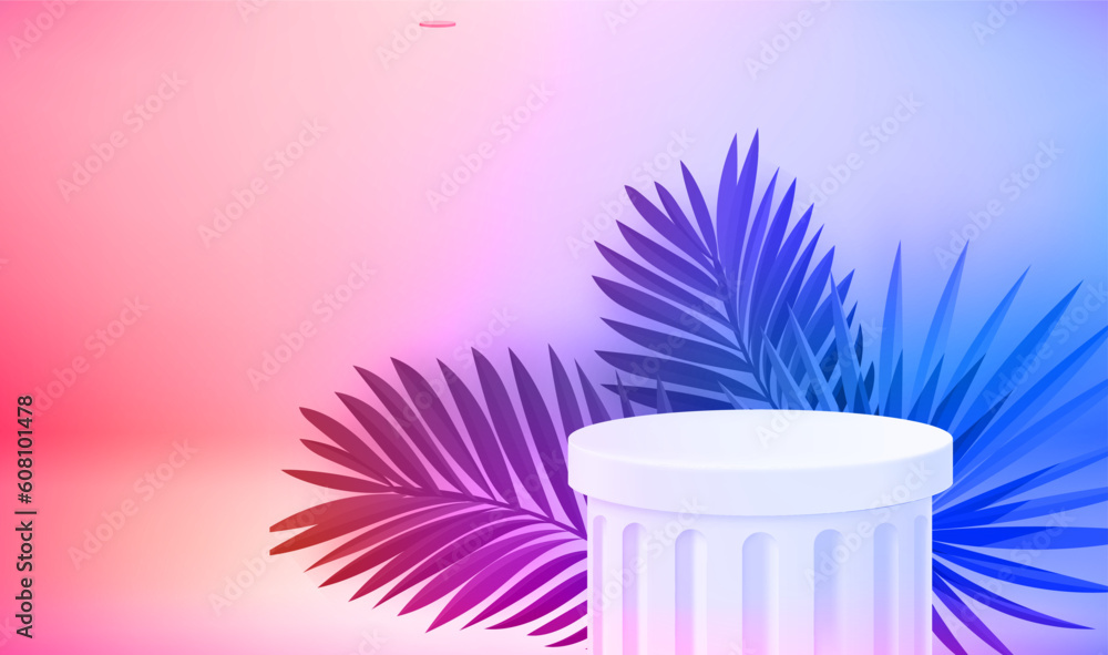 Poster empty white showcase with classic greek capitel and green leaves. 3d vector banner with copy space