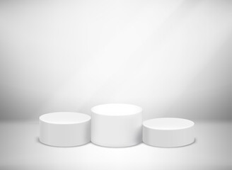 Sport podium with sun flare in bright room. 3D vector illustration 