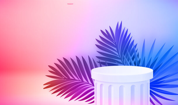 Empty white showcase with classic greek capitel and green leaves. 3d vector banner with copy space
